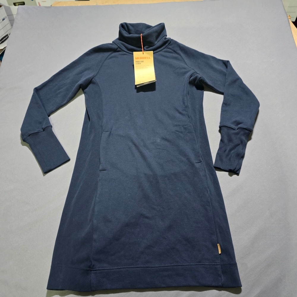 new Merrell French Terry LS Dress Womens Small Blue Cowl Neck Tencel Pockets